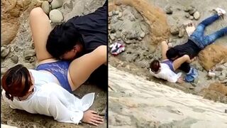 A young guy sniffs panties and licks her Desi girlfriend pussy outdoor and caught on cam