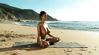 Beach  most excellent place for yoga classes as Hot girl demonstrates